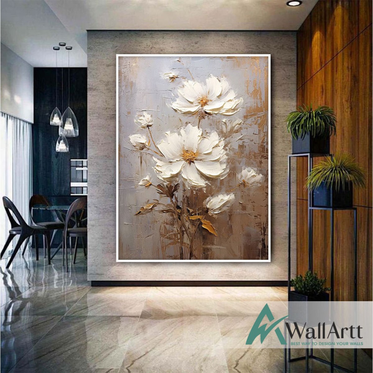 White Flowers with Gold Leaves II 3d Heavy Textured Partial Oil Painting